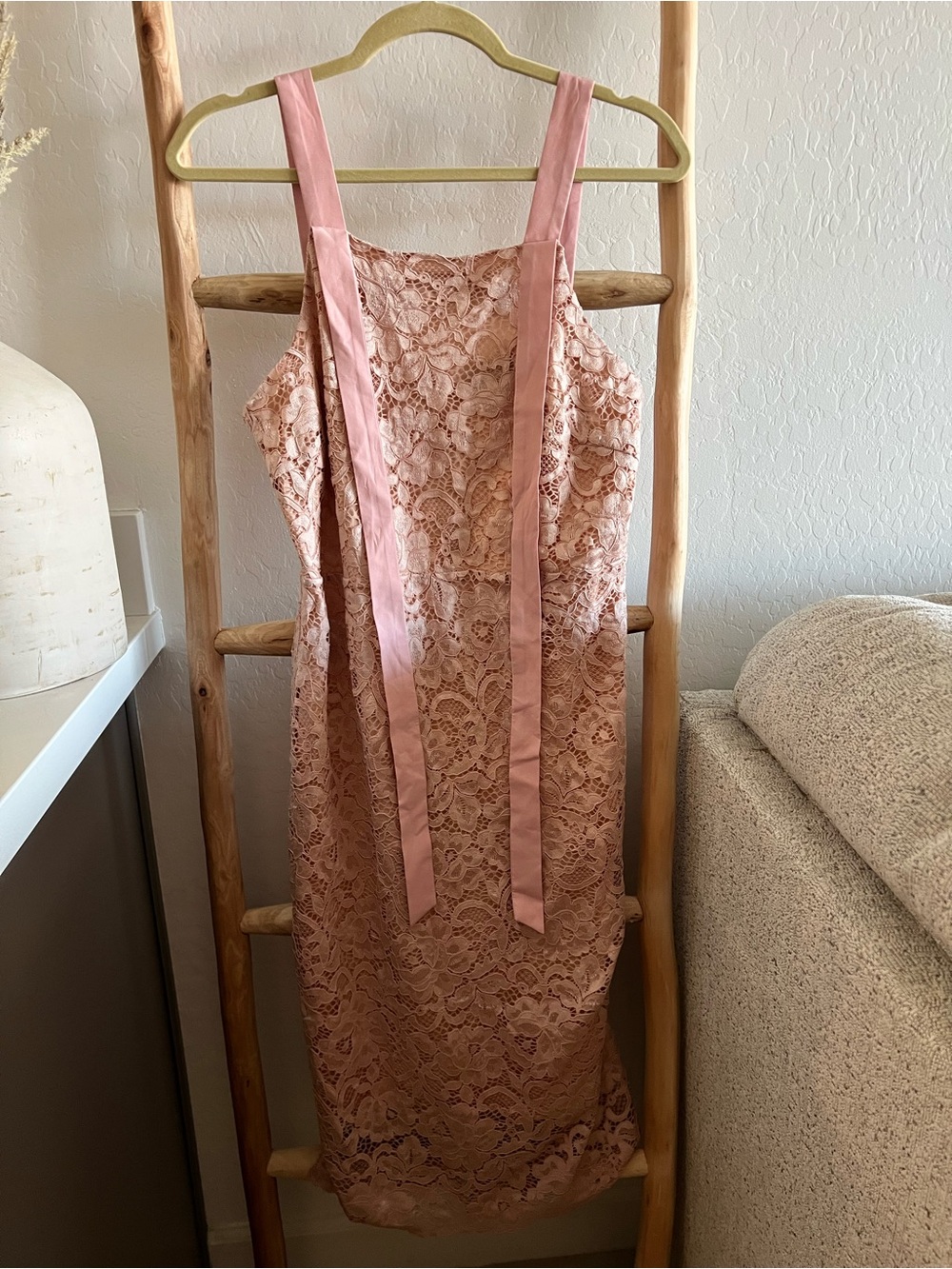 Sam Edelman Rose Blush Lace Midi Dress with Ribbon Straps